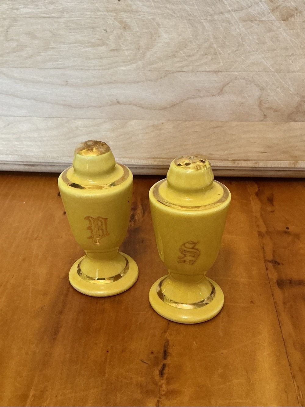 Vintage Yellow Ceramic Salt & Pepper Shakers Gold Accents & Monogrammed Letters